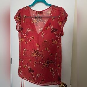 a.n.a Womens Top Size S Rust Orange Floral Chiffon V Neck Drawstring Waist Sheer
